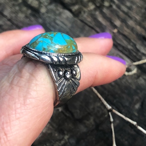 southwestern Jewelry - Boho Tribal 925 Silver Plated Vintage Simulated Turquoise Stone Ring SZ 6.5